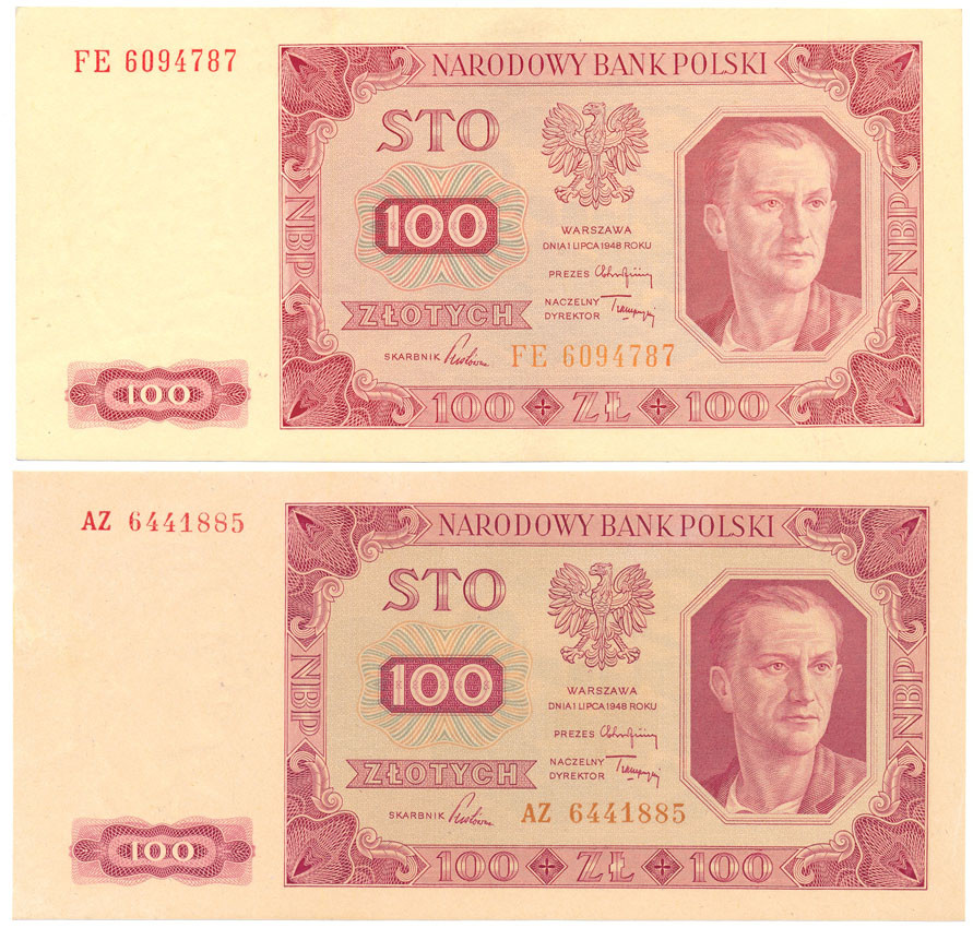 100 złotych 1948 seria AZ i FE, zestaw 2 sztuk - Piękne